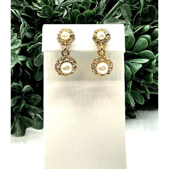 Vintage Gold-Tone Faux Pearl and Rhinestone Dangle Earrings - Picture 8 of 8